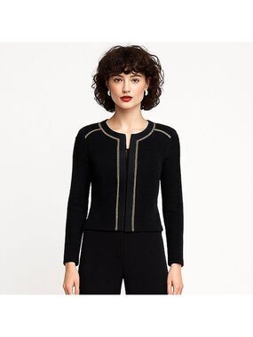 Maje Fine Knit Rhinestone Trim Cardigan Jacket Black Gold French Designer Small